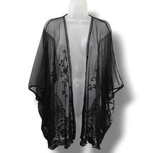 LA Hearts Black Lace Mesh Kimono Cardigan S M Boho Festival Sheer Goth Tiny Flaw